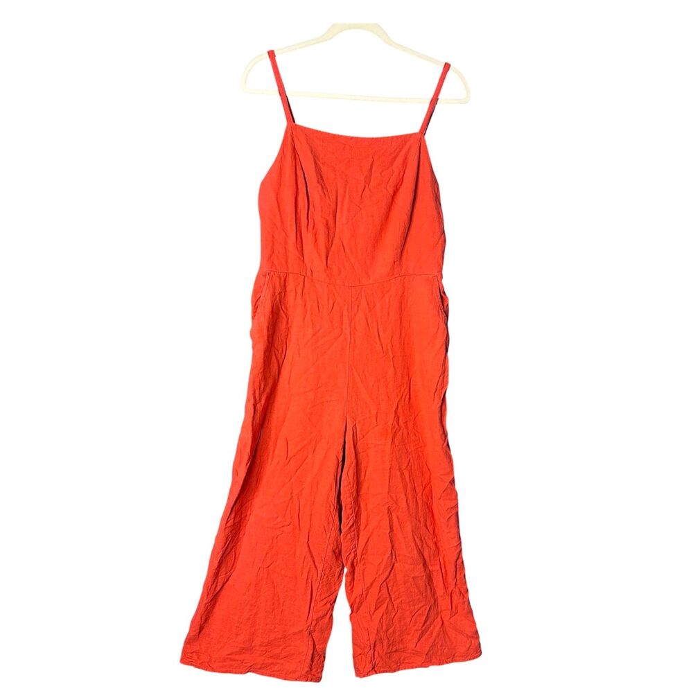 Old Navy Womens Coral Linen Jumpsuit Sz M Cropped Wide Leg Vacay Beachy Vibrant